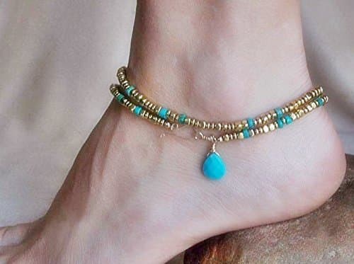 Gold Drop Anklet Toe Ring Beach bridal beaded Boho Bohemian handmade vintage hippie (M 9.5")