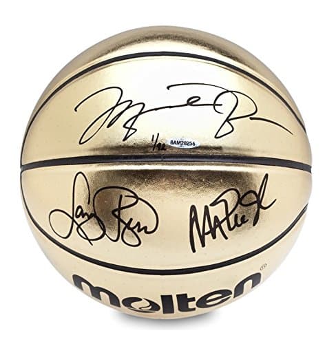 MICHAEL JORDAN, MAGIC JOHNSON, LARRY BIRD Signed Molten Gold Trophy Basketball LE of 92 With Curve Display Case UDA.