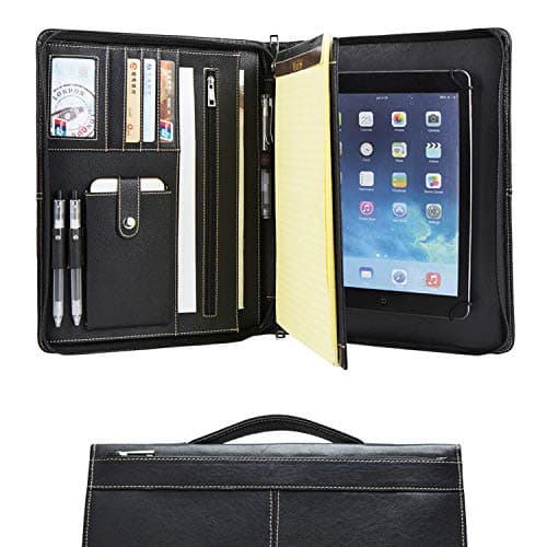 Handmade Leather A4 Conference Folder Zipped for iPad 9.7(2018/2017)/iPad Pro 9.7/iPad Air 2/iPad Air, Business Portfolio Padfolio Organizer Case with Retractable Handle and Writing Pad, Black