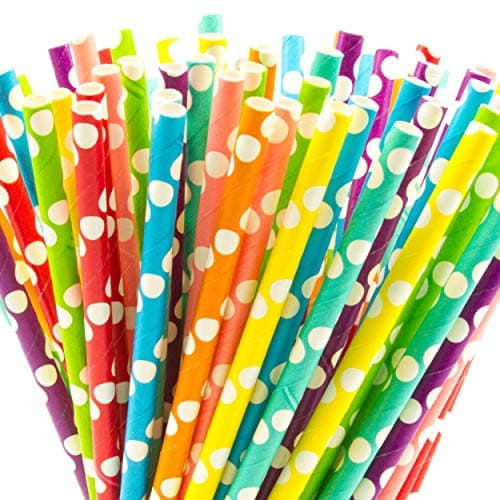 200 Pack Biodegradable Paper Straws | 8 Unique Colours | Polka Dot Drinking Straws | Bulk Paper Straws for Juices…