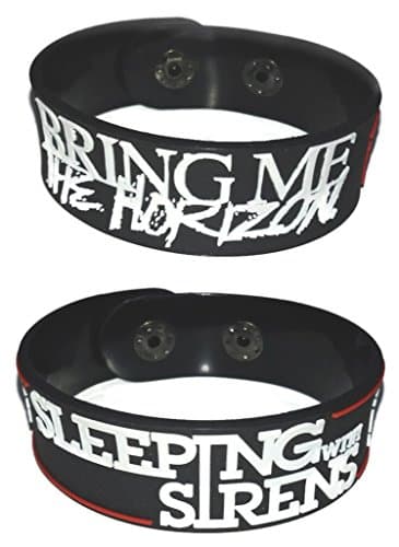 2 PIECES x ( BRING ME THE HORIZON &amp; SLEEPING WITH SIRENS ) NEW RUBBER BRACELET WRISTBAND MUSIC ROCK POP UNISEX MEN WOMEN BLACK WHITE SOUVENIRS GIFT DAY WS20