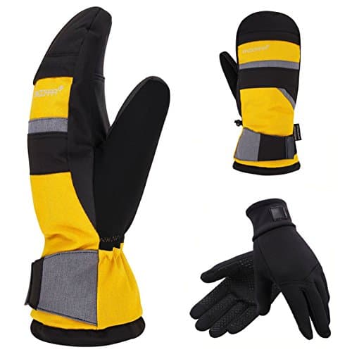 2-in-1 Touch Screen Winter Ski Mitts + Liner Gloves, 3M Thinsulate, Hidden Pocket, Yellow, S/M
