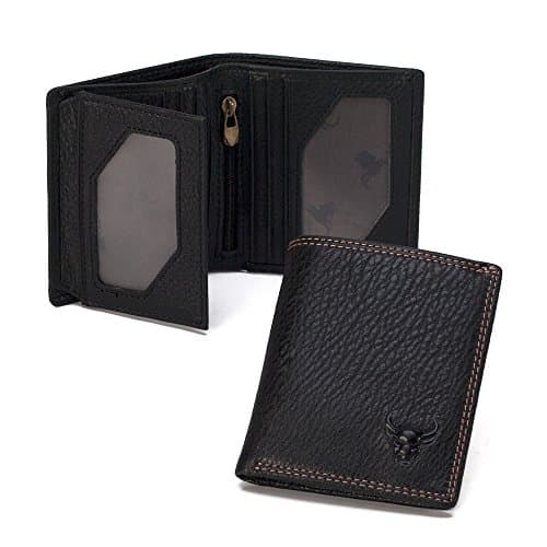 Compact Mini Soft Grain Genuine Cowhide Leather Bifold Vertical Wallet 3 ID & Photos (Black)