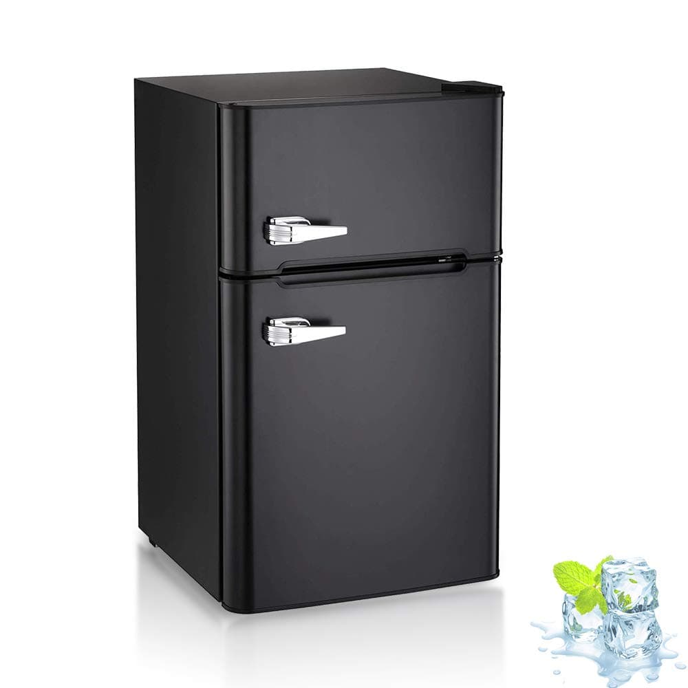 3.2 Cu.ft Compact Double Door Refrigerator and Freezer, Freestanding Mini Fridge with Top Door Upright Freezer for Home,Dorm,Office or RV with Removable Glass Shelves (Black)