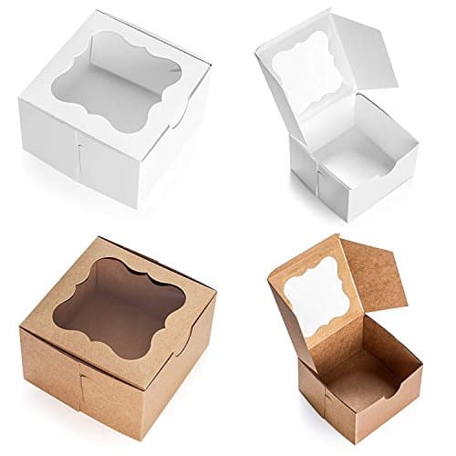 25 Pack Brown Bakery Box with Window 4x4x2.5 inch - Eco-Friendly Paper Board Cardboard Gift Packaging Boxes for Pastries, Cookies, Small Cakes, Pie, Cupcakes, and More - by California Containers