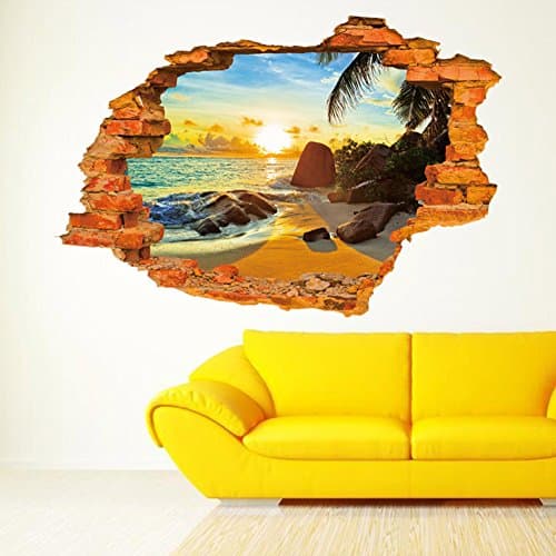 Wallpark 3D Broken Wall Tropical Beach Sunset Scenery Removable Wall Sticker Decal, Living Room Bedroom Home Decoration Adhesive DIY Art Wall Mural