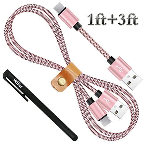 Wilist 2 Pack 1ft + 3ft Short and Long Nylon Braided USB Type C Cable USB C 3.1 to USB A Adapter Data Sync Charging Cord Support Quick Charge 3.0 or 2.0 Charger for USB-C Connector Devices Rose-Gold
