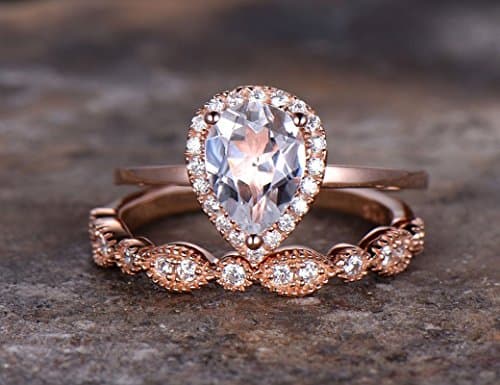 2pcs rose gold plated wedding ring set,Pear cut topaz Engagement ring,925 sterling silver stacking Bridal,marquise matching band,Man Made diamond CZ ring,any size