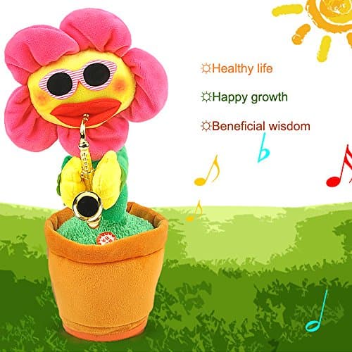 Bestsight Singing Dancing Saxophone Sunflower Soft Plush Potted Funny Creative USB Charging Electric Toys Stuffed Toy Animated Dancing Flowers Doll For Kids (Round Rose Petals) Expedited Shipping