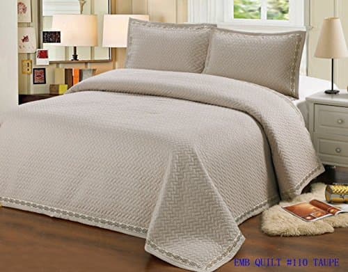 Quilt King Size 3 Piece Embroidered Bed set / Bedspread / 2 Pillow Sham (Taupe Aqua)