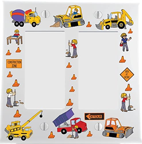 Nylon Double Rocker Construction Light Switch Plates Covers/Construction Theme with Bulldozers, Tractors, Cement Truck, Steamroller, Crane, and Dump Truck Childrens Wall Decor. (Double Rocker)