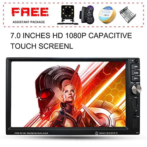 Upgraded 7 Inch Double Din Touch Screen Car Stereo Audio Receiver MP5 Player with Free Rear Camera and Steering Wheel Control and Remote Control Support PhoneLink/MP3/Radio/Bluetooth/Video