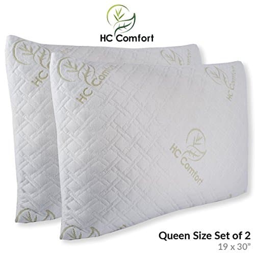 HC Comfort Premium Memory Foam Pillows - Queen Size - Set of 2 - Stay Cool Bamboo Cover with Zipper - Hypoallergenic and Dust Mite Resistant