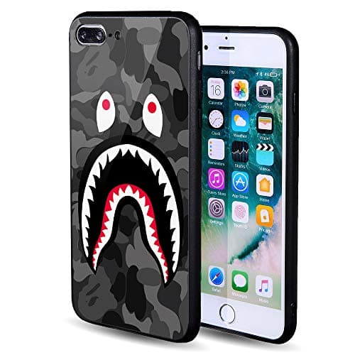 iPhone 7/8 Plus Shark Face Camo Black Case Street Fashion, Auroo Ferret Tempered Glass Back Case, Fashion Hard Glass Back Cover Soft TPU Bumper Frame Anti-Fingerprints Protective Case 5.5" inches