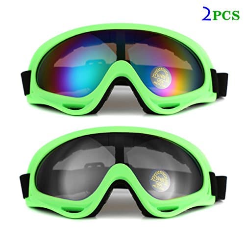 Ski Goggles Snowboard Adjustable UV Protective Motorcycle Riding Goggles for Men, Women &amp; Youth, With UV 400 Protection, Wind Resistance, Anti-Glare Lenses (Green Frame- Multicolor and Gray) …