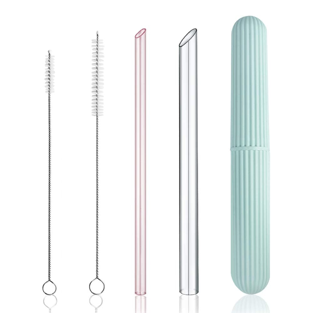Reusable Eco-Friendly Glass Drinking Straws Set, 8-inch x 8mm / 14mm with S/M Extra Large Brushes Storage Container Travel Safe Case Box BPA Free for Smoothie Coffee Bubble Boba Tea - Pink
