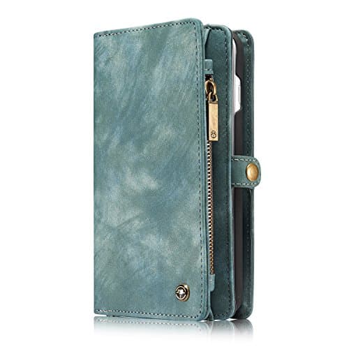 ZARO Wallet Case for iphone 7 with Card Holder Phone Purse, Detachable Magnetic Portable Folio Flip Cover PU Leather Pouch Zipper Bag Protective Shell for Girls Women Men - Blue