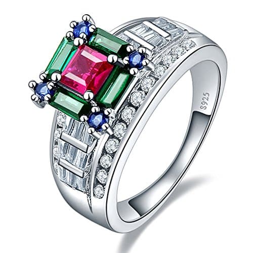 Jrose 925 Sterling Silver Created Ruby Emerald Sapphire Women's Vintage Anniversary Engagement Bands Ring