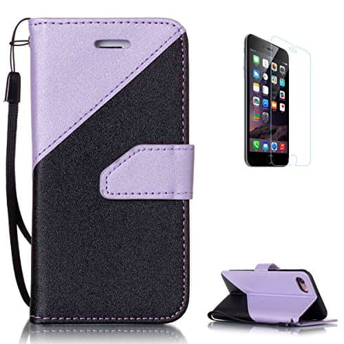 Apple iPhone 7 4.7'' Case + Free Screen Protector CasesHome Stitching Color Wallet Design with Card Slots Wrist Strap Silicone Bumper Faux PU Leather Shell[Black and Light Purple]