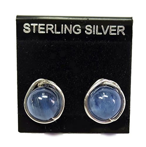 Blue Kyanite and Sterling Silver Herringbone-Topped Wire-Wrapped Post Earrings