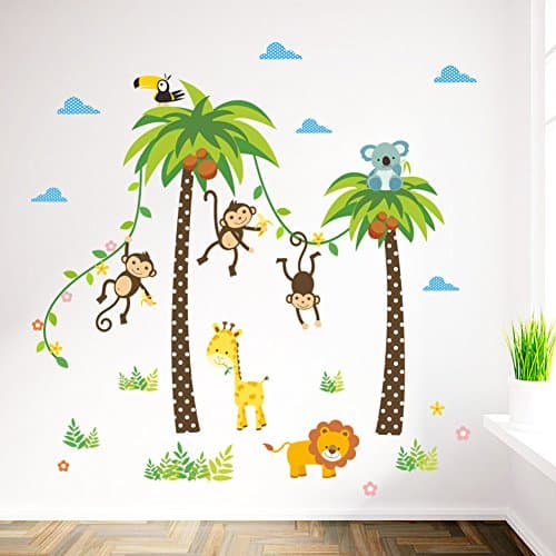 Jungle Animals Giraffe Lion Monkey Palm Tree Wall Decals Decorative Unisex Wall Sticker for Kids Rooms, Nursery, Playroom Removable DIY Decals