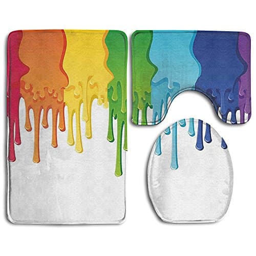 Guiping Rainbow Colored Paint With Leaking Splattered Drops Creative Artsy Graphic Bathroom Rug Mats Set 3 Piece,Funny Bathroom Rugs Graphic Bathroom Sets,Anti-skid Toilet Mat Set