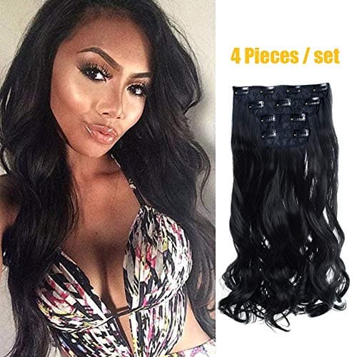 Super Thick 230g set Curl Wavy Full Head Clip In Hair Extensions For Women Black Thick Hairpiece Black Hair Exntensions With Clips 4 Pieces Set (Black - Curl)