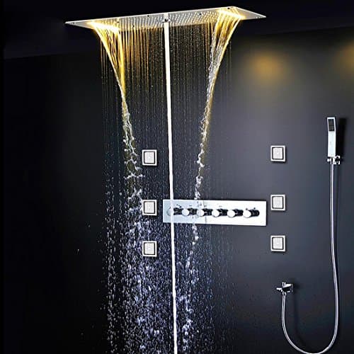 Fx@ Concealed Shower Thermostatic Faucets SUS304 With Embedded Ceiling LED Shower Head 380x700mm Rainfall Mist Spout 4'' Body Jet