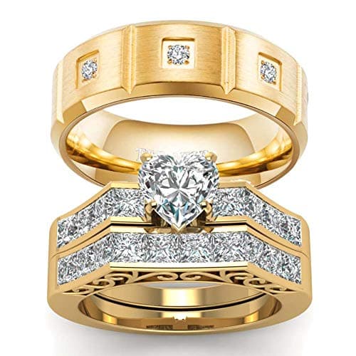 wedding ring set TWO RINGS His Hers Couples Rings Women's 10k Yellow Gold Filled White CZ Wedding Engagement Ring Bridal Sets & Men's Tungsten Carbide White Cz Wedding Band