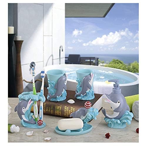 DALAZ Cartoon Dolphins 5 Pieces Bathroom Accessory Set, Creative Soap Dish Liquid Soap Dispenser Toothbrush Holder Tumbler HS27