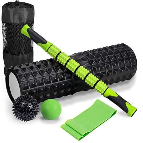 6 in 1 High Density Massage Foam Roller Kit 18" Large Foam Roller with Muscle Roller Stick 2 Massage Balls & 1 Resistance Band for Avoid Physical Injury Prevention Stretching Yoga & Trigger Point