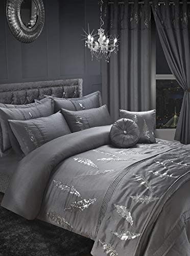 Egypto Embroiderey Design Printed Duvet Cover Set, Printed Curtains, Throws, Cushions and Quilt Covers (Silver, King)