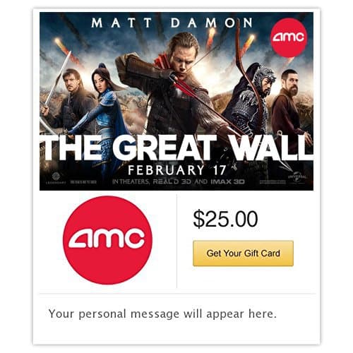 AMC Theatres The Great Wall Gift Card - E-mail Delivery