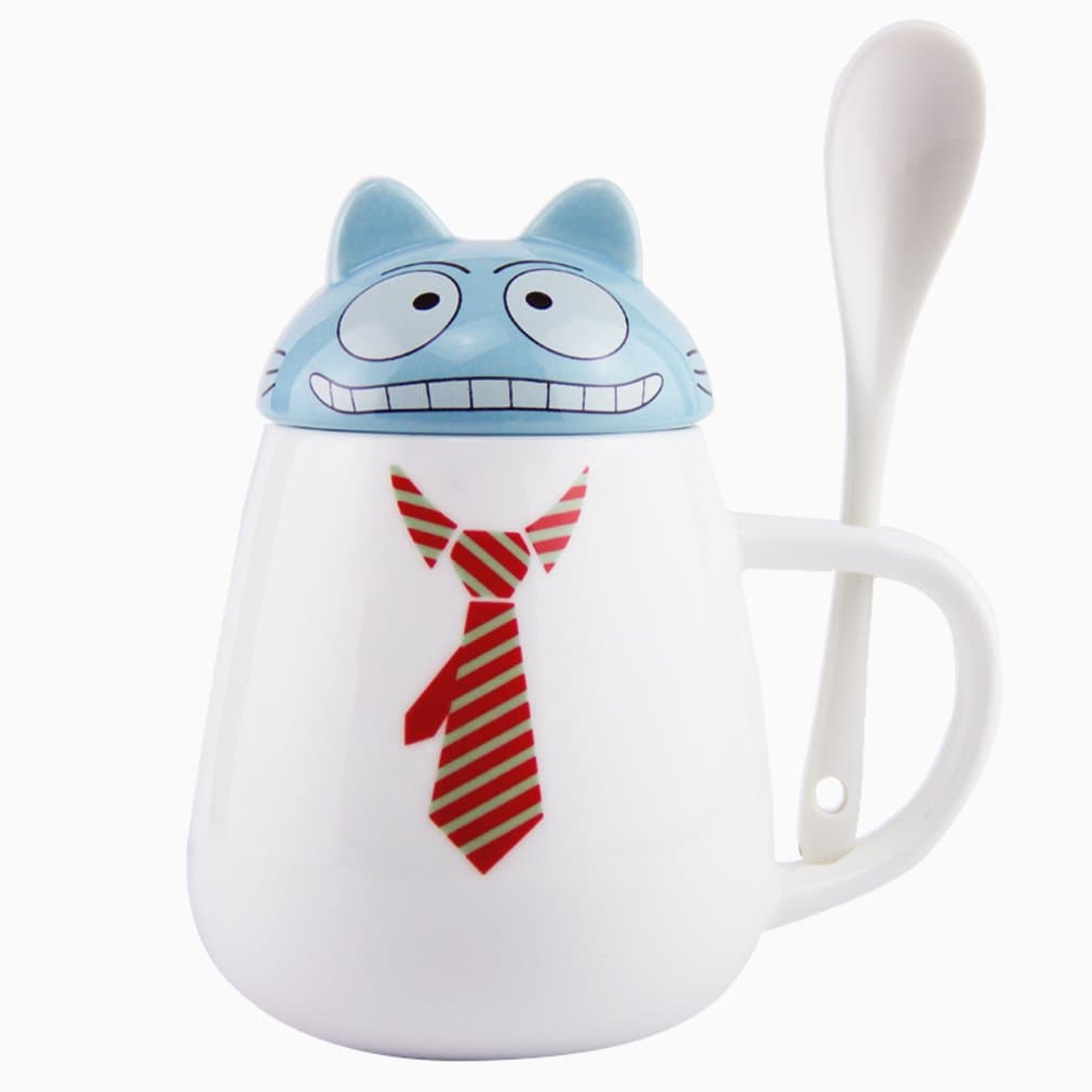 Pretty Housekeeper Creative cat ceramic cup with spoon funny coffee mug with lid Cute Bone China Mug cups set with handle,Cartoon face,11 Oz,Blueface and RedTie