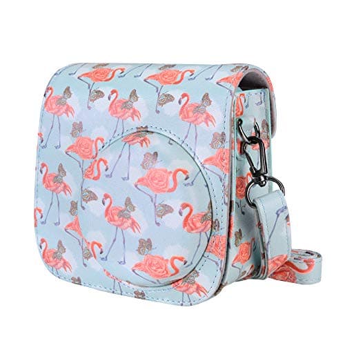 Tiessic Instax Mini 9 Camera Case Compatible with Fujifilm Instax Mini 9 Mini 8 Mini 8+ Camera with Shoulder Strap and Pocket - Ice Blue Flamingo