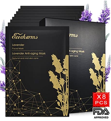 [Sensitive Skin Solution] Ecocharms 8PCS Lavender Anti Aging Face Mask Sheet Reduces Wrinkle Acne Scars with Hyaluronic Acid and Lavender Oil for Men and Women