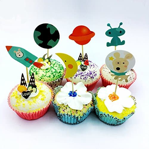 Pack of 24 Outer Space Theme Cupcake Topper PAPER Tooth Picks Party Decoration for Kid's Birthday Party Decoration Supplies- The Toy Explorer Brand
