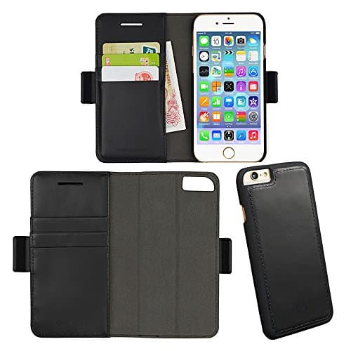 Yowosmart iPhone 6 6s 4.7 Detachable Folio Leather Case, Genuine Leather Card Slot Holder Cash Pocket with Kickstand Works with Car Magnetic Holder Slim Soft Black