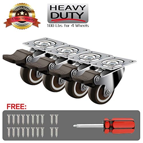 4 Pack 1" Swivel Caster Wheels with Safety Dual Locking and Polyurethane Foam No Noise Wheels, Heavy Duty - 100 Lbs Per Caster