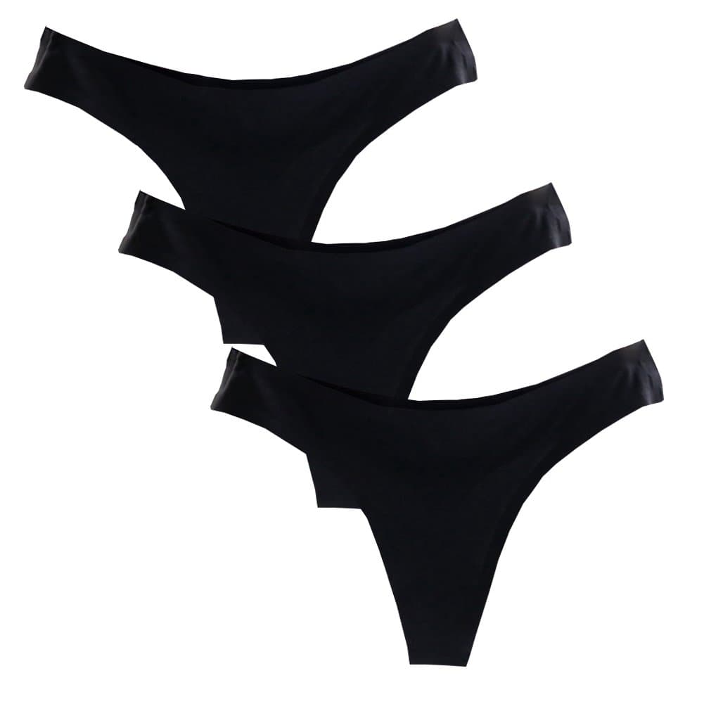 Women's Black Thin Ice Silk Seamless Smooth Low-Rise High Leg Thong Panties 3 Packs