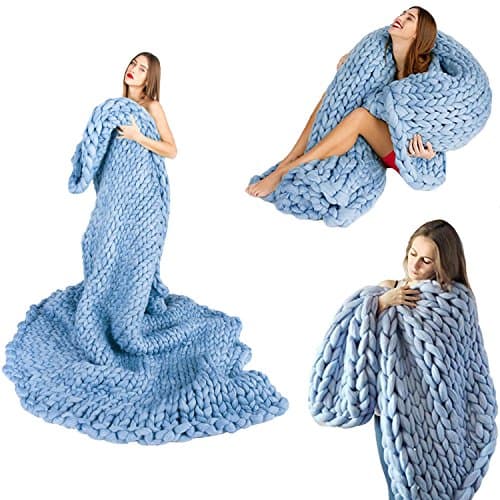 welltree Handmade Giant Chunky Wool Knit Throw Winter Sofa Blanket Hand-woven Bulky Blanket Home Decor Gift 120*150cm（48''*60'') Blue 80*100cm