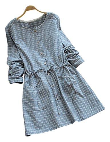 XuanYing Women's Drawstring Round Neck Checked Button Up Dress (Blue)