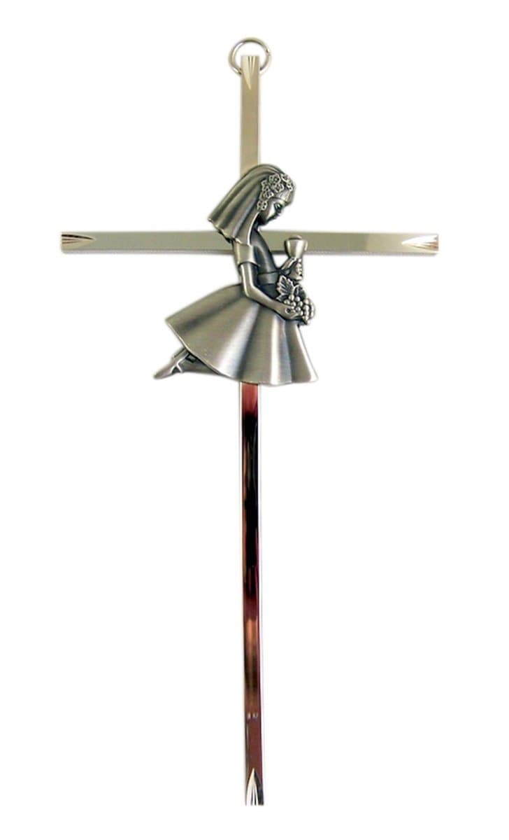 SINGERstar case First Holy Communion Silver Tone Wall Cross with Fine Pewter Girl Casting, 8 Inch