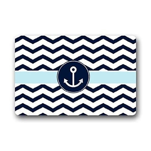 Our Iris Machine-washable Navy Blue and White Chevron with Nautical Anchor Indoor/Outdoor Decor Rug Doormat Non-woven Fabric Non Slip 23.6(L) x 15.7(W)