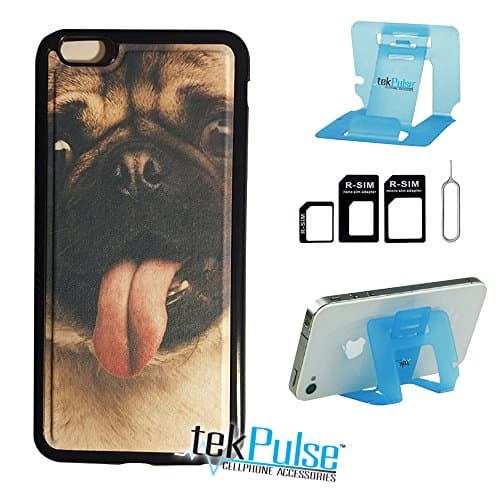 TekPulse (tm) Happy Pug Panting Dog Real Leather TPU Back Cell Phone Case &amp; Nano Sim Card Adapter &amp; Collapsible Cell Phone Stand - [3 pcs] - Direct Print Technology Fits Apple iPhone 6 Plus