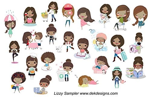 Lizzy Planner Stickers Sampler Sheet (2) each, choose skin tone, printed on matte sticker paper or Matte Vinyl Sticker Paper. Kiss cut, just peel and stick.
