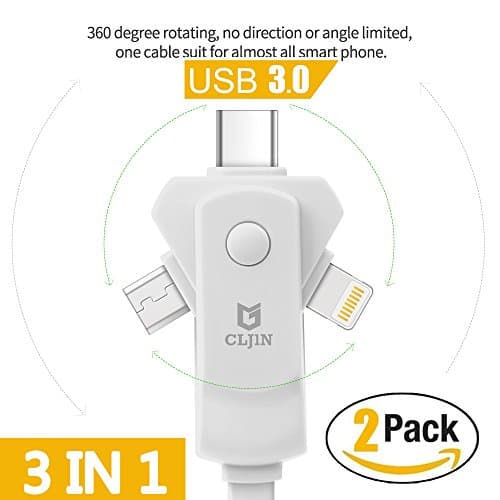 CLJIN USB Charging Cable 3in1 for Apple iphone 5 5C 5S 6 6S 6 Plus 6S Plus 7 7plus 8 8plus X Android Type-C USB 3.0 phone device 1M 2PCS