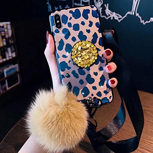iPhone Xs Max Case,Fashion Blu-ray Leopard Diamond Holder Cover with Rabbit Fur Hairball Phone Case for iPhone Xs Max 6.5-inch,C1