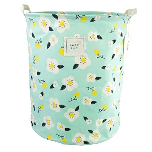 19.7" Large Sized Waterproof Coating Ramie Cotton Fabric Folding Laundry Hamper Bucket Cylindric Burlap Canvas Storage Basket with Flower Design (Green)