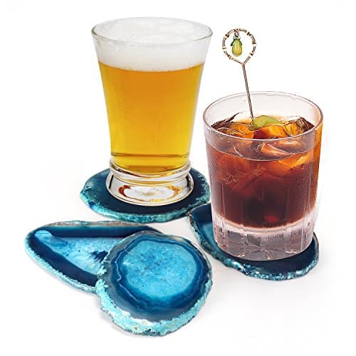Pantrasamia Agate Coaster Cup Mat Natural Sliced Agate Beverage Coasters for Drinks Gift Set of 4 Plates (3-3.5 Inch, Blue)